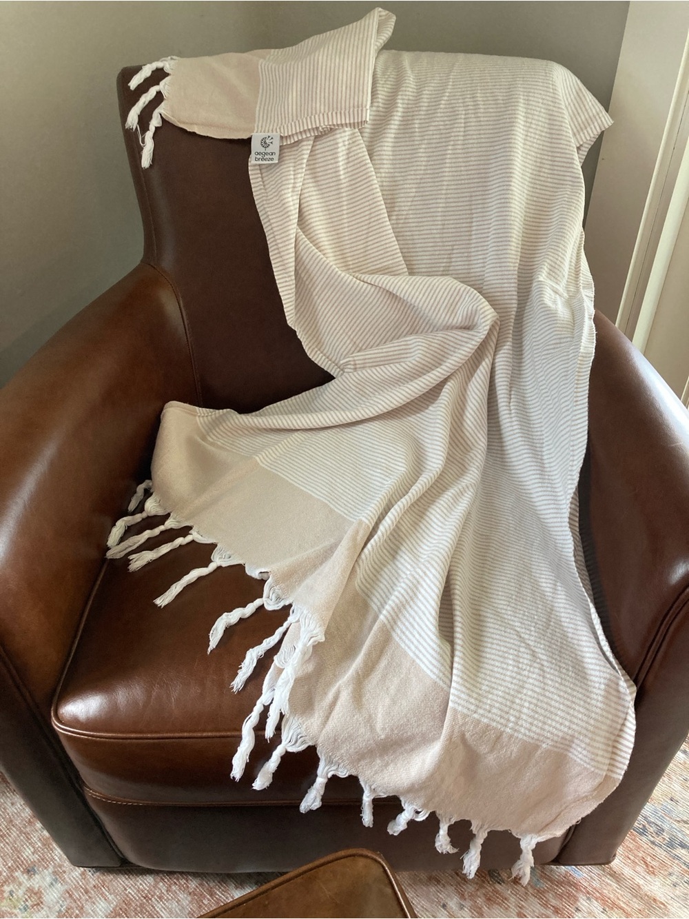 Cream & White Striped Turkish Throw with Fringe